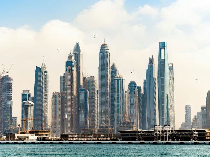 Dubai skyline with the Burj Khalifa at sunset