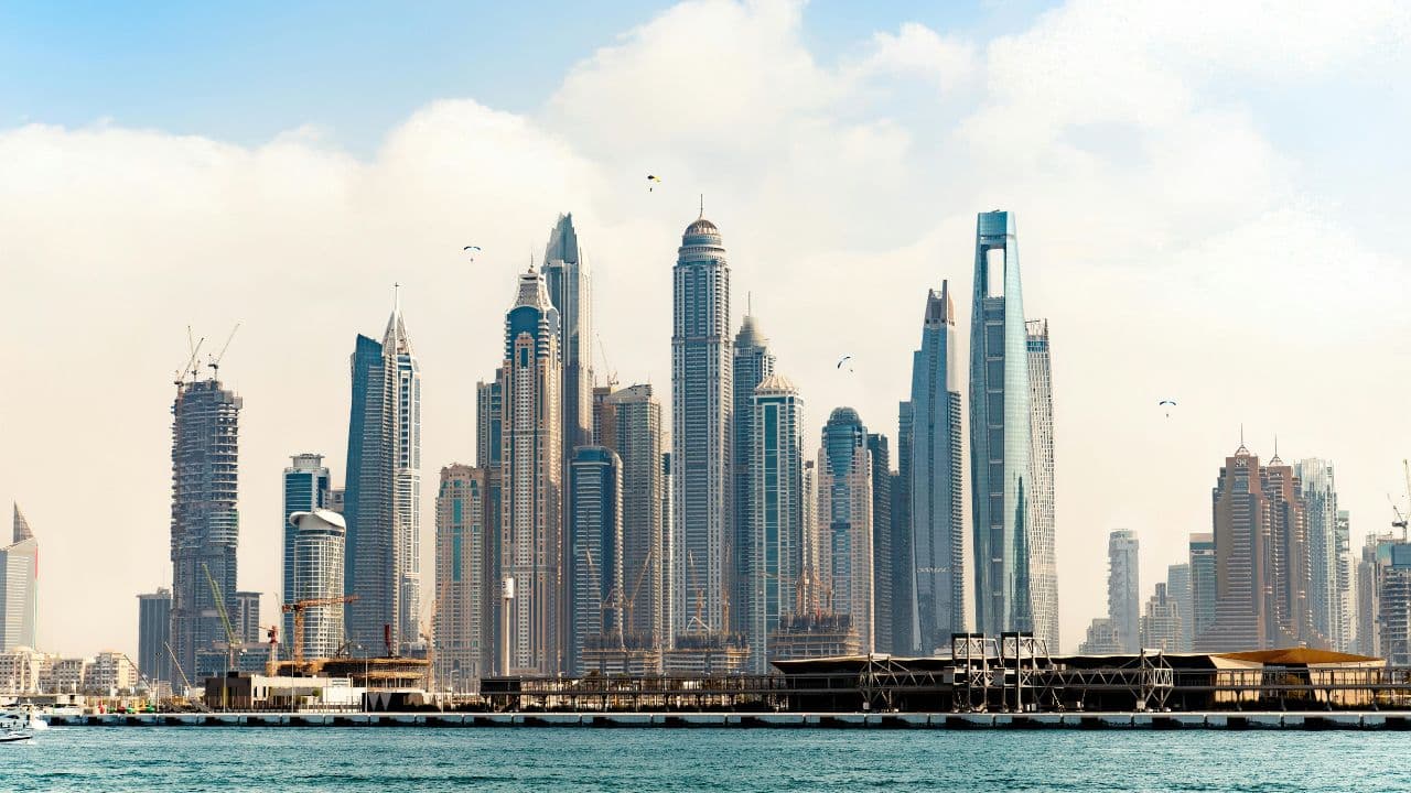 Dubai skyline with the Burj Khalifa at sunset