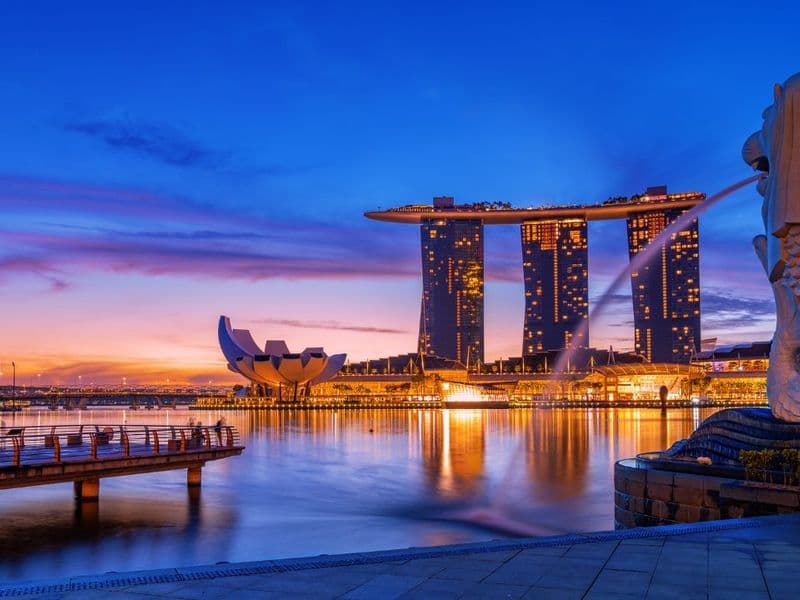 Traveller looking out over a city skyline at dusk